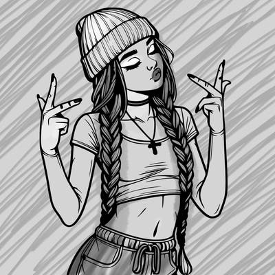 realistic teenage girl with braids and a beanie and crop top doing 🫶🏼