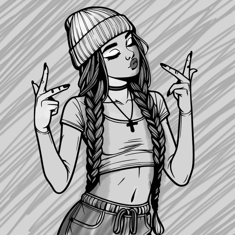 realistic teenage girl with braids and a beanie and crop top doing 🫶🏼
