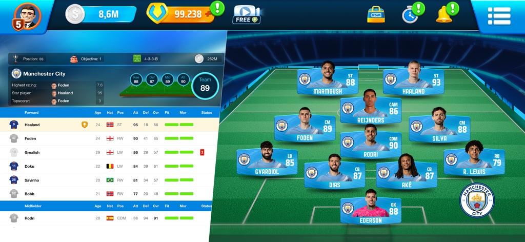 Online Soccer Manager interface showing Manchester City team lineup and player formation on a virtual pitch.