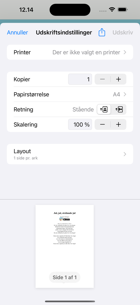 Svenska Julsånger - Der Druckeinstellungen-Bildschirm der Svenska Julsånger App zeigt Optionen für Papiergröße und eine Vorschau des Liedes Jul jul strålande jul.