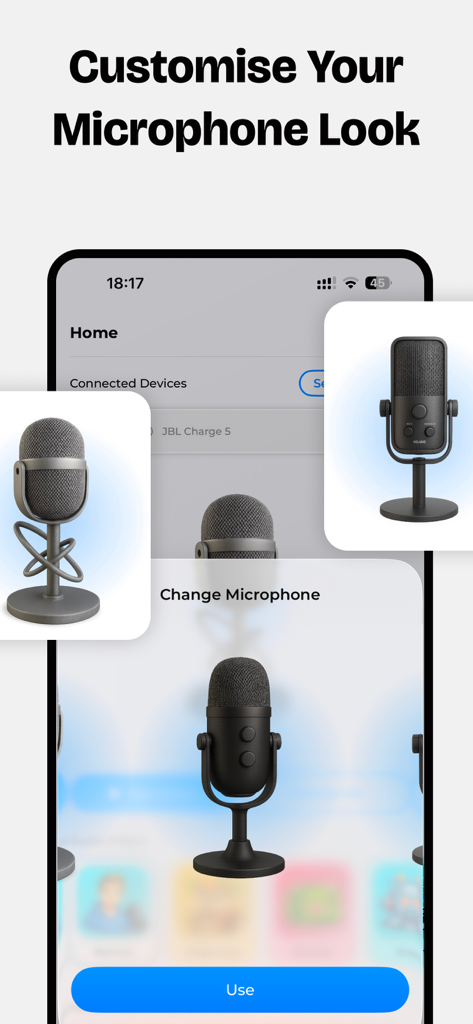 Bluetooth Speaker Mic: BlueMic - Interface of the BlueMic app showing various 3D microphone skins for customization