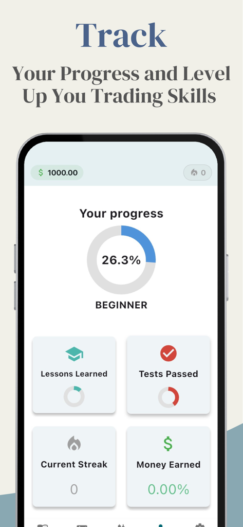 Tableau de bord d'une application mobile affichant la progression du trading et les réalisations d'apprentissage