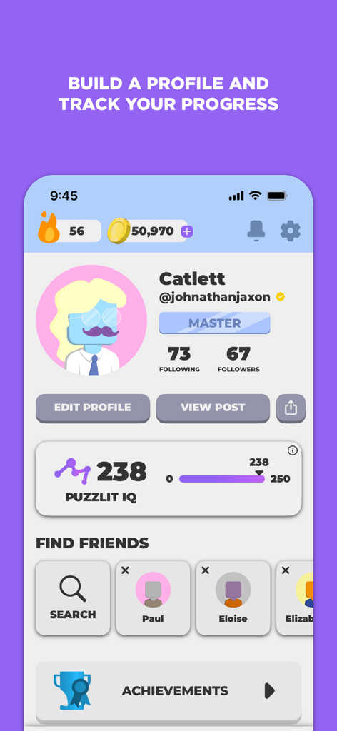 Puzzlit app user profile showing avatar customization, Puzzlit IQ score, and social progress tracking