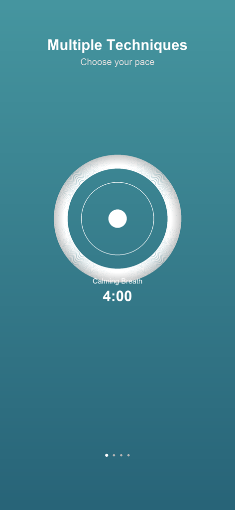 Breathe Easy - Calm Breaths - Breathe Easyアプリ画面。複数の呼吸テクニックが、アニメーションの円形ガイドとタイマーとともに表示されています。