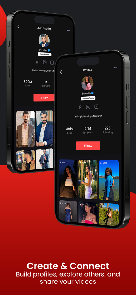Redz: Explore content nearby - Interface of the Redz app showing user profiles with video feeds and follower statistics