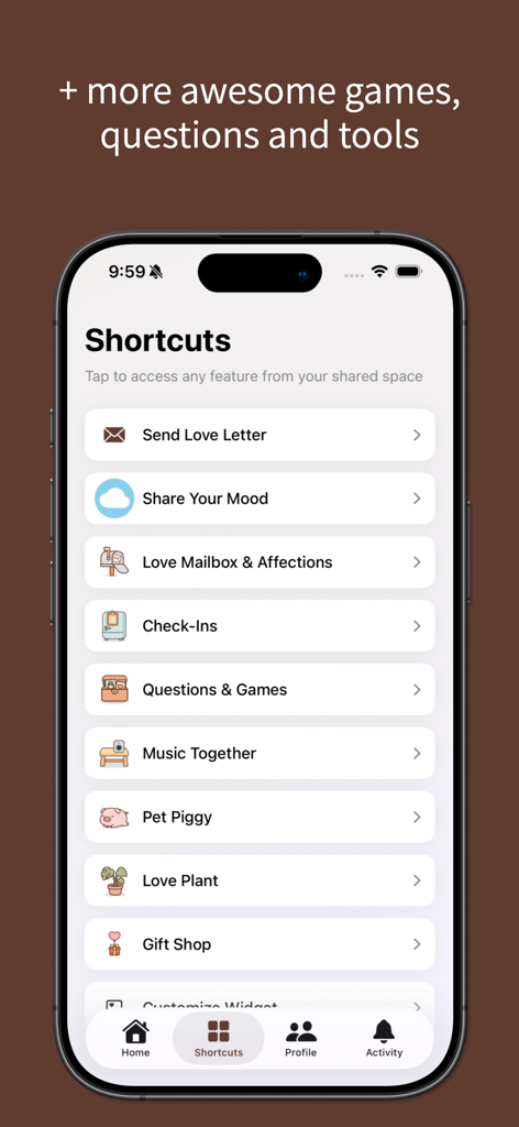 lovelee couples: love note app - Menu de atalhos no aplicativo Lovelee mostrando recursos como cartas de amor e animais de estimação virtuais compartilhados