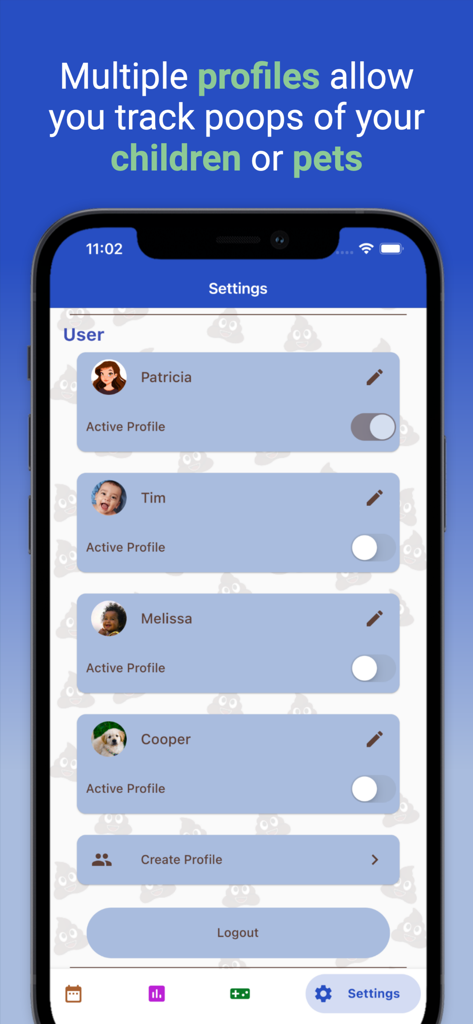 Happy Poop: Toilet Journal Log - Happy Poop app settings screen showing multiple user profiles for family members and pets