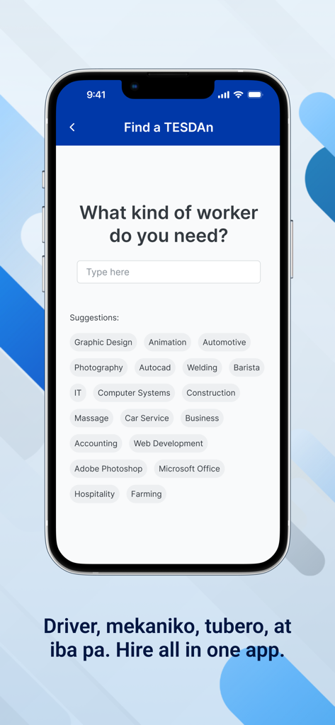 TESDA Skills Passport - Interface of the TESDA Skills Passport app showing the Find a TESDAn screen for searching and hiring skilled workers in various trades