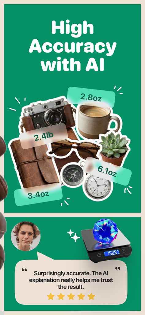 TouchScale: Scale For Grams - App screenshot promoting AI weight estimation accuracy with examples of weighed objects and a user testimonial