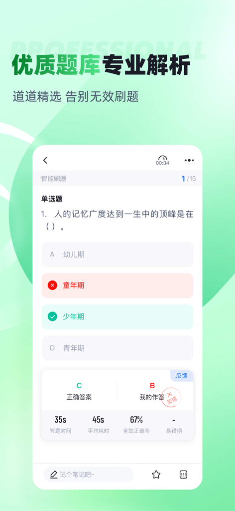 Mobile app screen showing a Chinese multiple choice question with performance data and analysis for a psychological growth instructor certification.