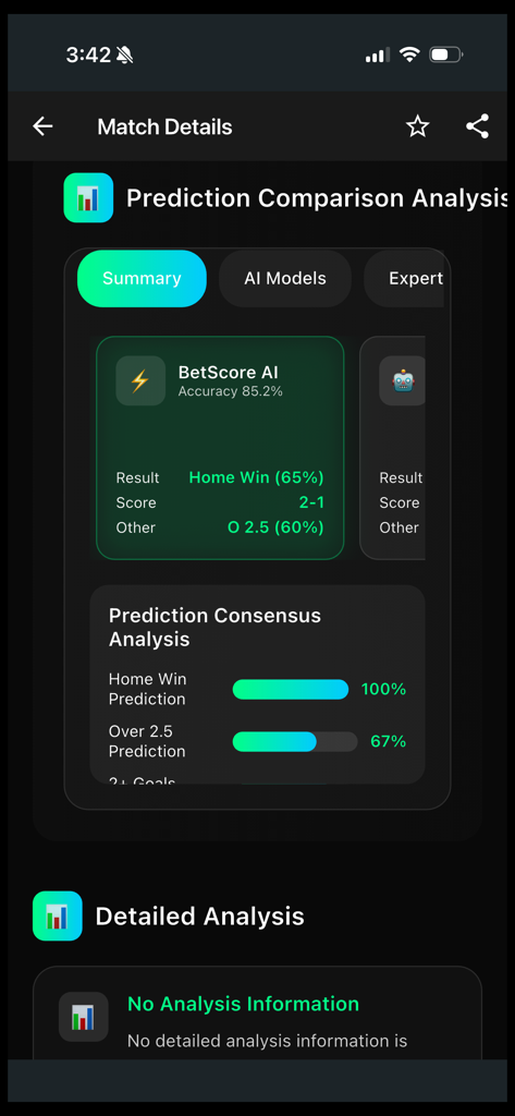 BetScore - AI Sports Analytics - Screenshot of the BetScore app showing AI driven match prediction analysis and consensus.