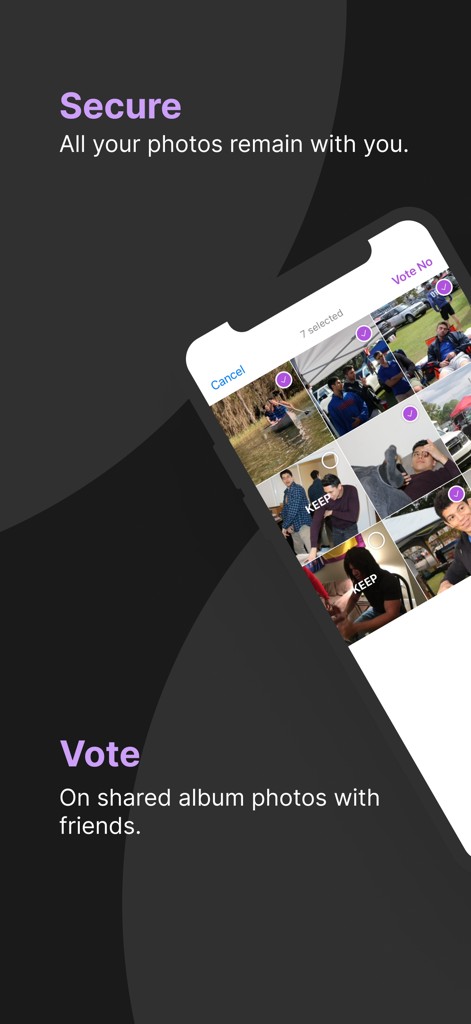 Photo Dump AI - Interface móvel do Photo Dump AI destacando seus recursos de segurança e votação de álbuns compartilhados.