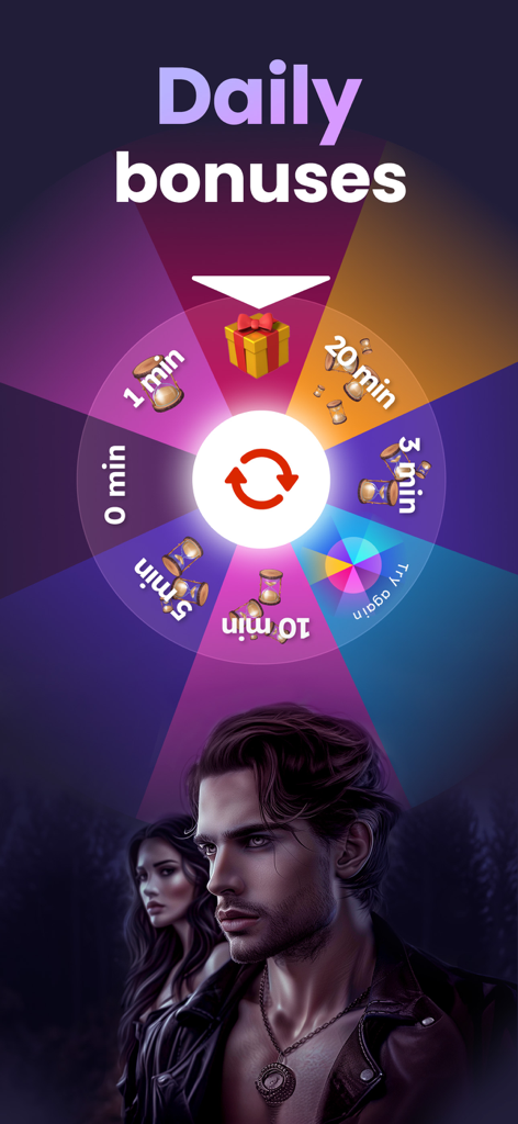 Moonlit - Werewolf Audiobooks - Daily bonuses spinning wheel in Moonlit Werewolf Audiobooks app featuring a brooding alpha male character