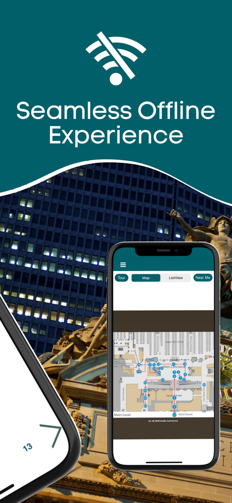 Smartphone displaying the offline map and tour route for the Grand Central Terminal walking tour.