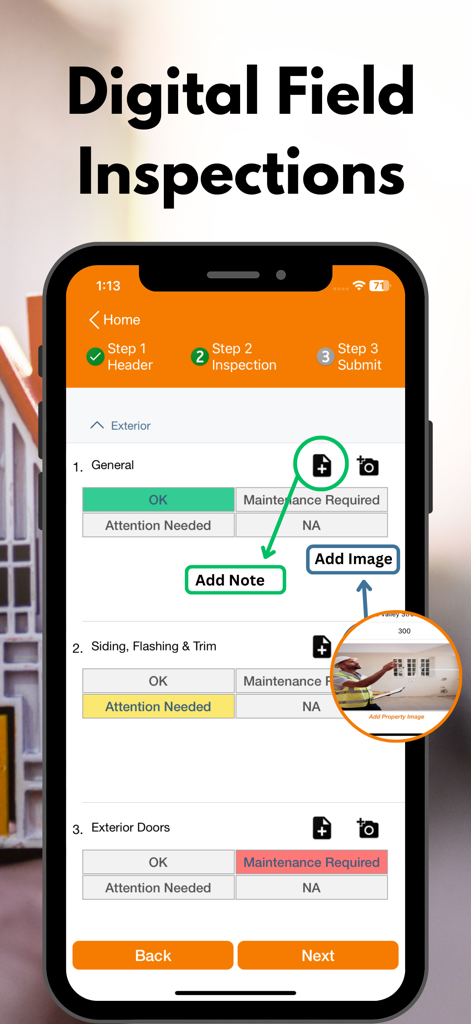 A smartphone screen displaying a digital field inspection checklist for property exteriors with options to add notes and images.