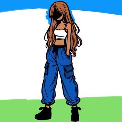 girl in baggy pants crop top and long hair