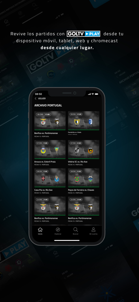 GolTV PLAY - GolTV PLAY App zeigt Wiederholungen von Fußballspielen der portugiesischen Liga auf einem mobilen Bildschirm