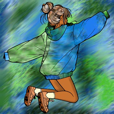 realistic girl jumping with a bun and oversized sweatshirt