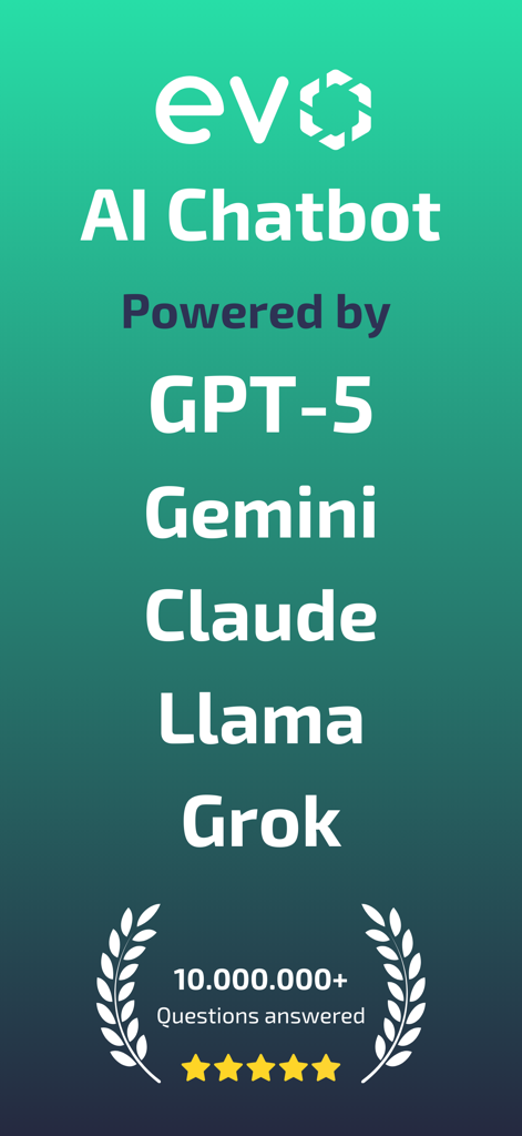 Tela promocional do Chatbot Evo AI destacando a integração com GPT-5 Gemini Claude Llama e Grok