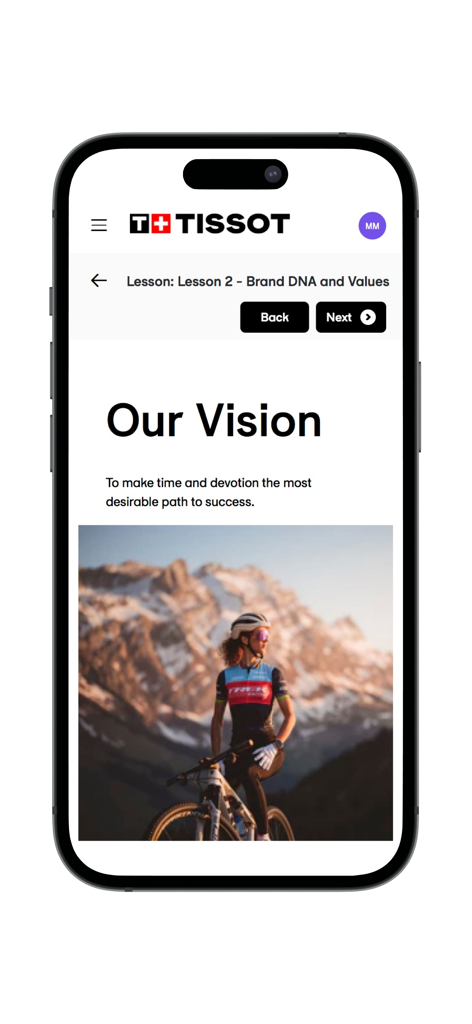 TISSOT Academy - TISSOT Academy mobile app interface displaying a training lesson on Brand DNA and Values with the section Our Vision.