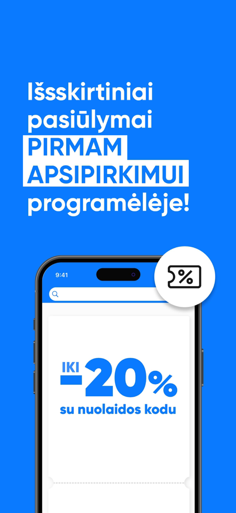 Pigu.lt - mobilioji parduotuvė - Promotional screen of Pigu.lt app displaying a discount code for up to 20 percent off the first app purchase.