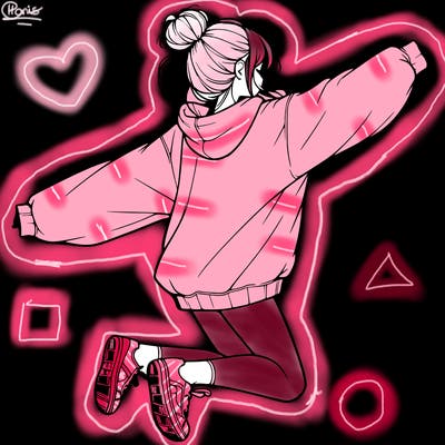 realistic girl jumping with a bun and oversized sweatshirt