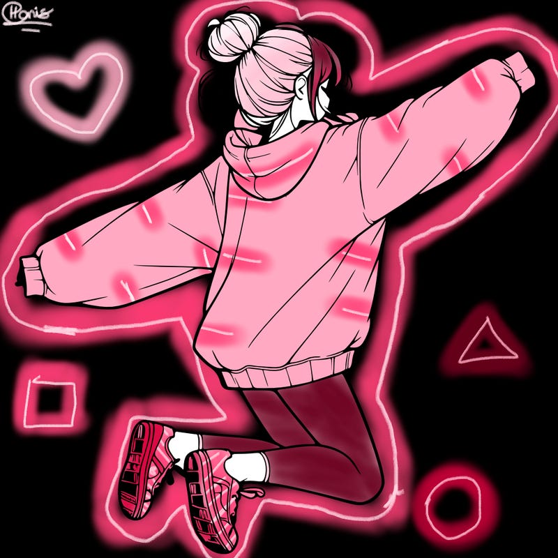 realistic girl jumping with a bun and oversized sweatshirt