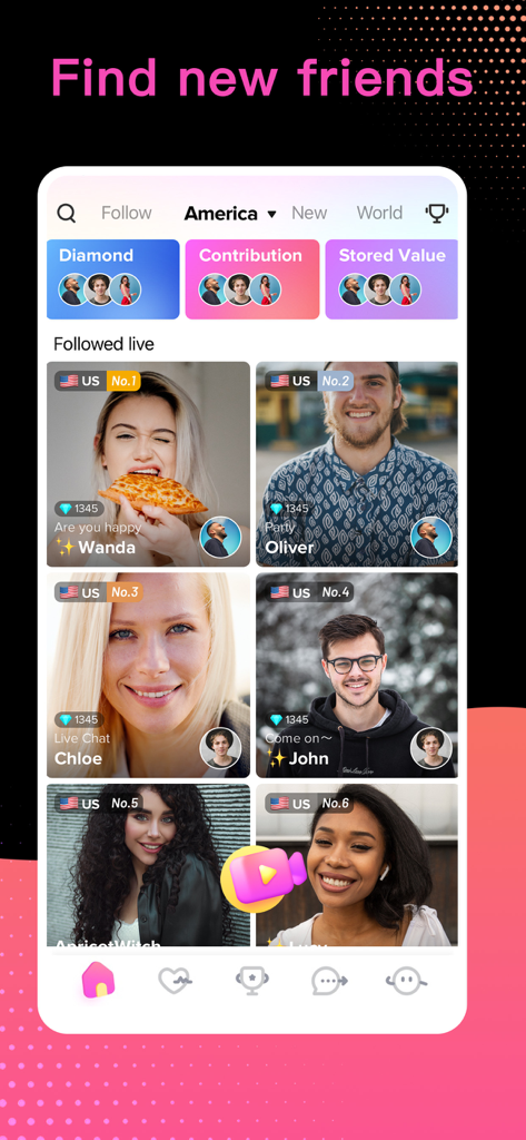 HilYal Live app interface showcasing popular live streamers in the USA for social connection