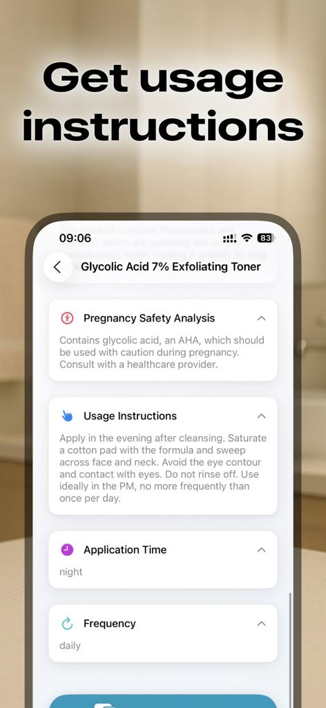 Cosmetic Scanner: CosmiqAI - CosmiqAI app screen displaying detailed usage instructions and pregnancy safety analysis for a glycolic acid toner.