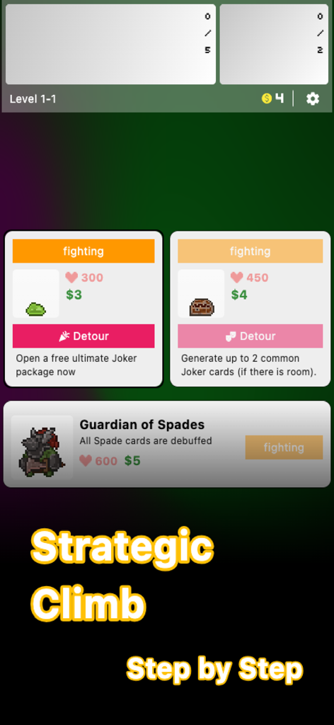 ジョーカーポーカーのゲームプレイ画面。戦略的なRPGレベルの選択肢と敵との遭遇が表示されています。