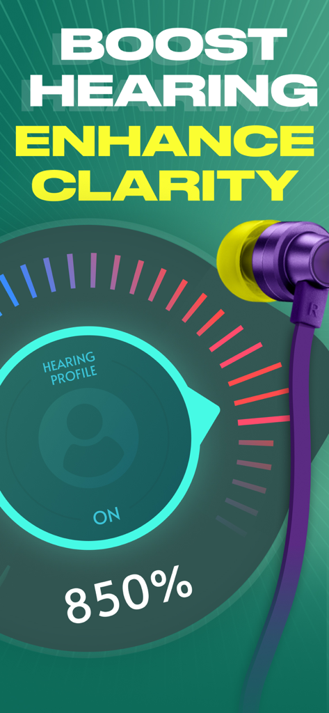 Sound Amplifier | Volume Boost - Interfaccia dell'app Sound Amplifier che mostra un aumento di volume dell'850% e opzioni di miglioramento della chiarezza dell'udito.