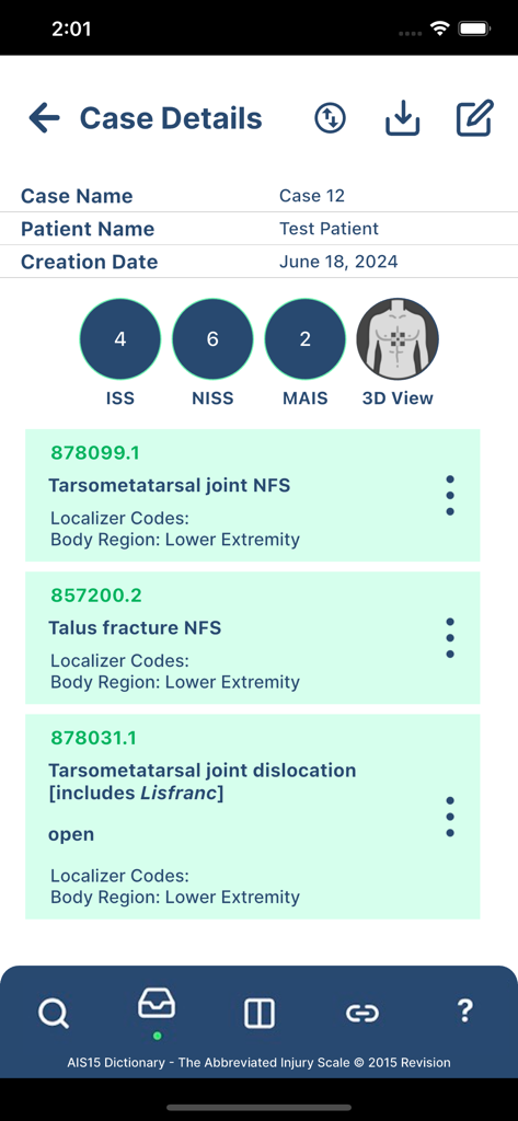 AIS Digital Dictionary - Interface of the AIS Digital Dictionary app showing patient case details injury codes and automated severity scores like ISS and NISS