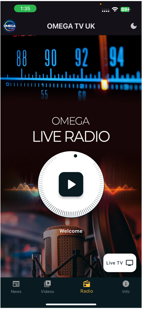 OMEGA TV UK - Live radio player interface on the OMEGA TV UK mobile app