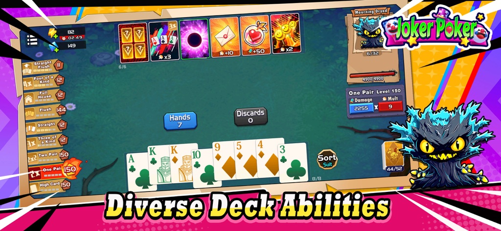 Gameplay-Screenshot des Joker Poker Kartenspiels, der spezielle Kartenfähigkeiten und ein Pokerhand-Layout zeigt.