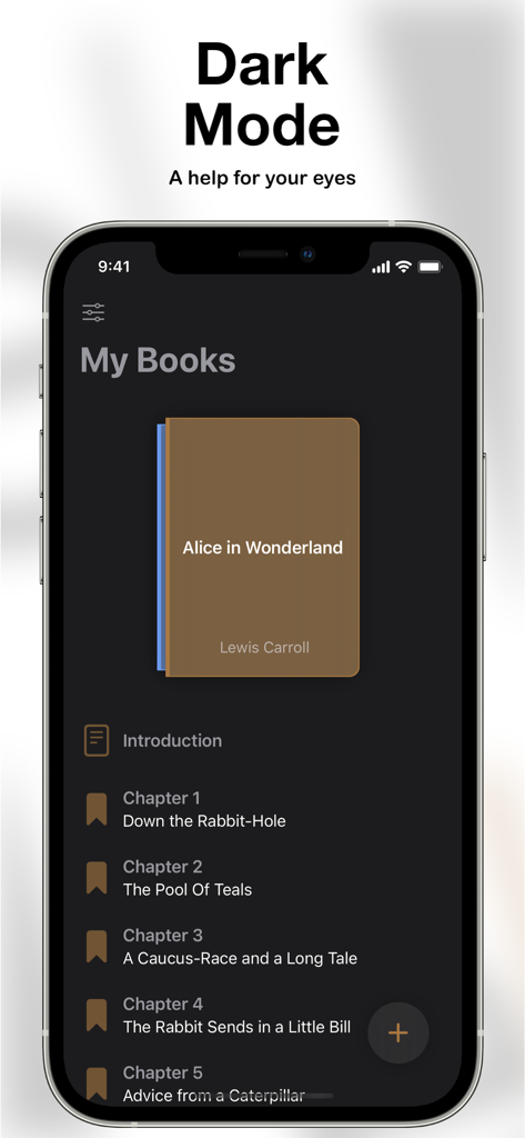 eScribo - A smartphone displaying the eScribo app interface in dark mode featuring a book outline and chapter list.