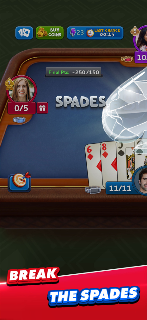 A virtual card game table in the Spades Plus mobile app featuring player avatars and a break the spades animation