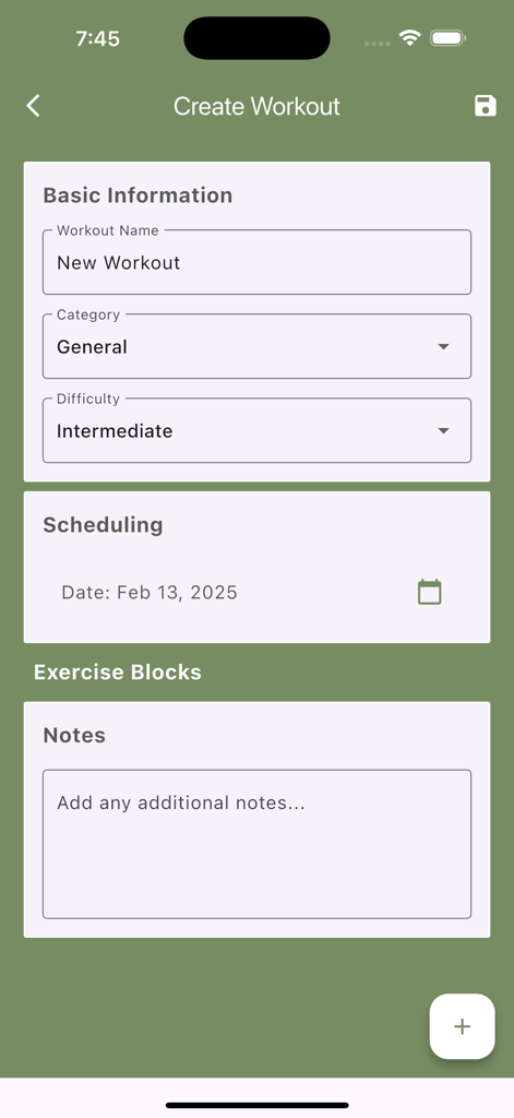 Army Fitness - Screen for creating a custom workout in the Army Fitness app with fields for name category difficulty and date scheduling