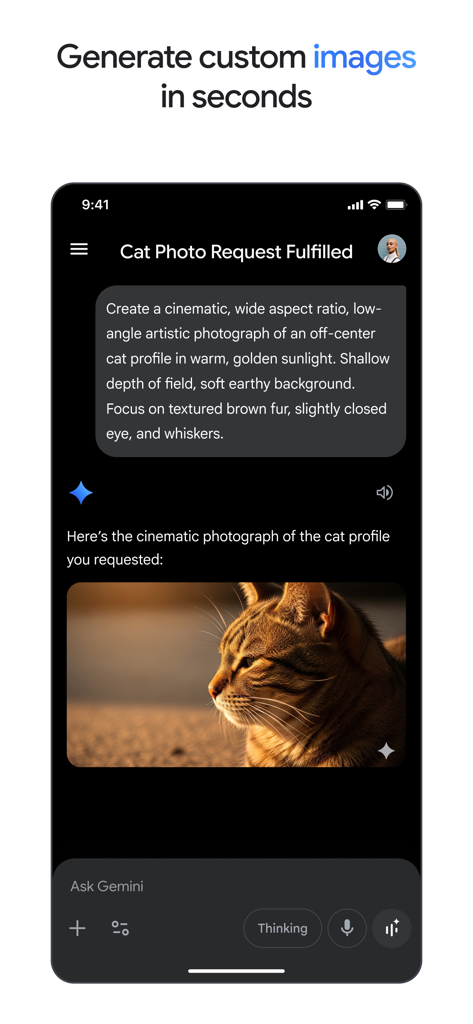 Google Gemini app interface showing a custom AI generated cinematic cat photo based on a detailed text prompt.
