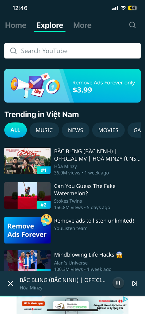 YouListen - Play Everything - The Explore screen of the YouListen app featuring trending videos and a YouTube search bar.