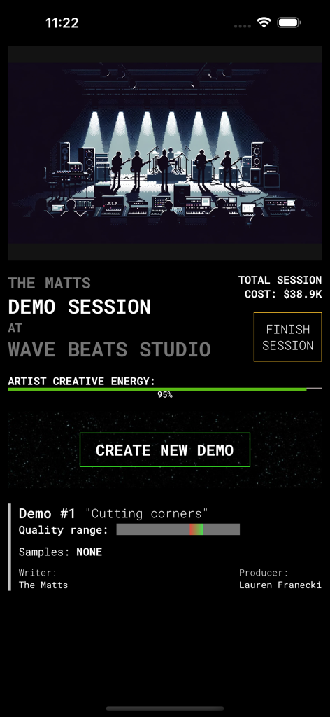 CD Market - Music Label Sim - A screenshot of the music label simulation game showing a band demo recording session in a studio