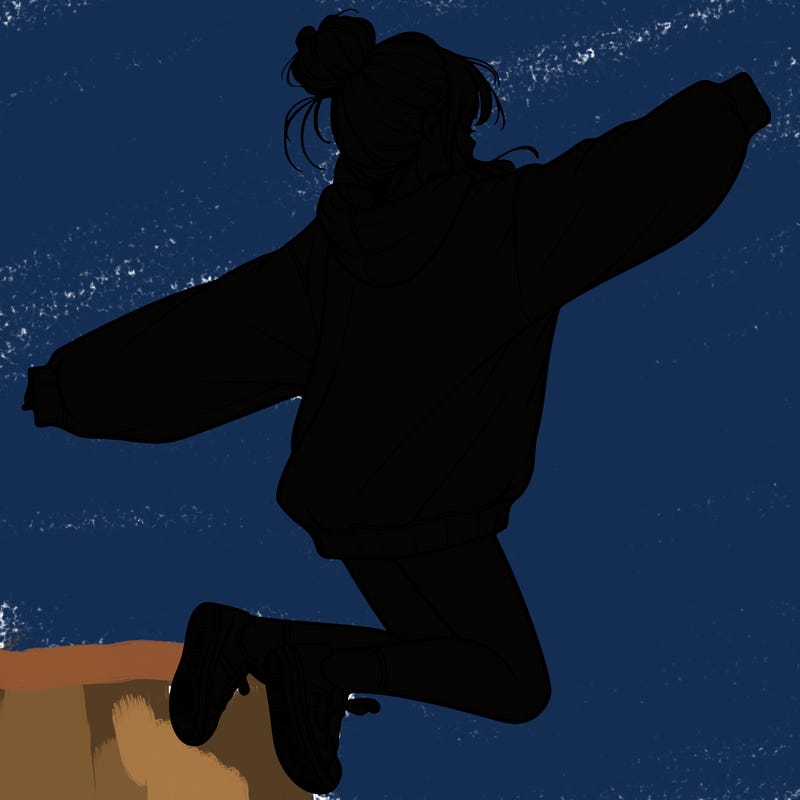realistic girl jumping with a bun and oversized sweatshirt
