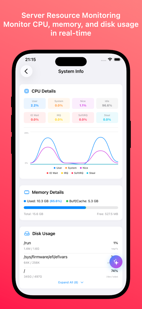 Nexus Terminal - Nexus Terminal dashboard displaying real-time server CPU memory and disk usage statistics