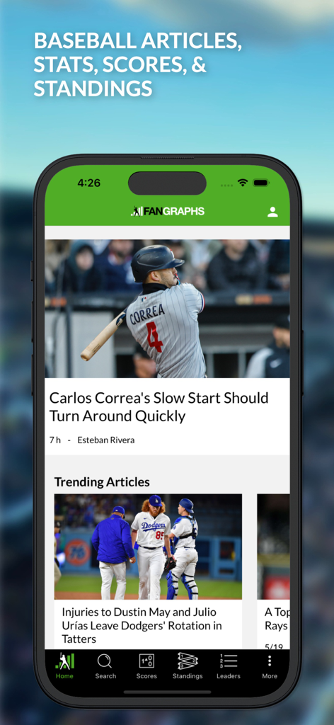 FanGraphs app home screen with baseball news articles and stats