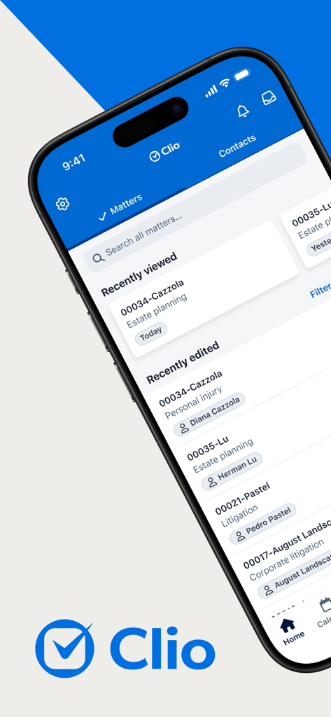 Clio for Law Firms and Lawyers - Painel do aplicativo Clio para escritórios de advocacia mostrando uma lista de assuntos jurídicos visualizados e editados recentemente em uma tela de iPhone.