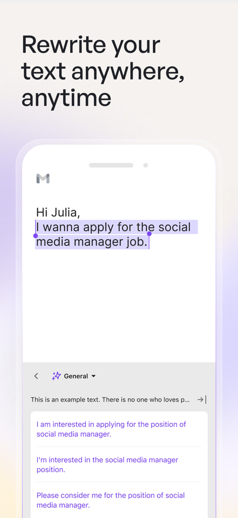 La interfaz de la aplicación móvil Wordtune muestra sugerencias de IA para reescribir un borrador de correo electrónico con un tono profesional