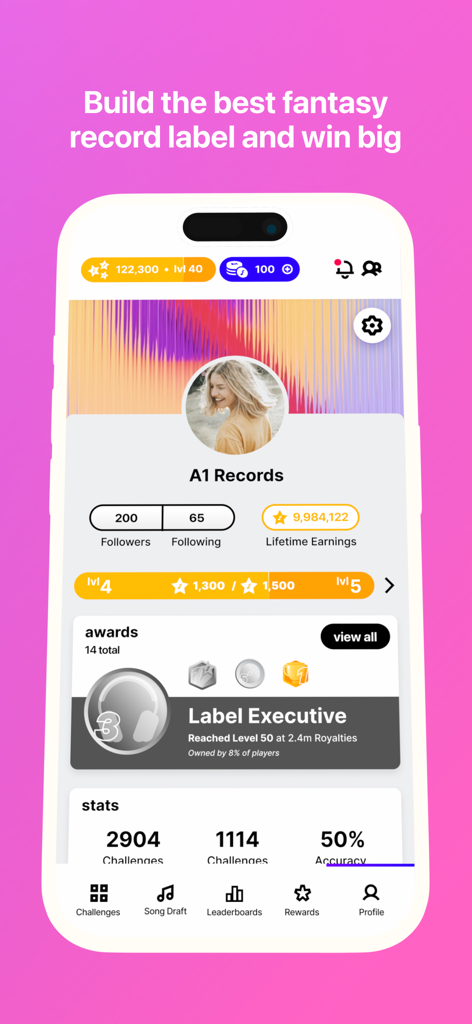 FanLabel app user profile showing fantasy record label earnings and stats