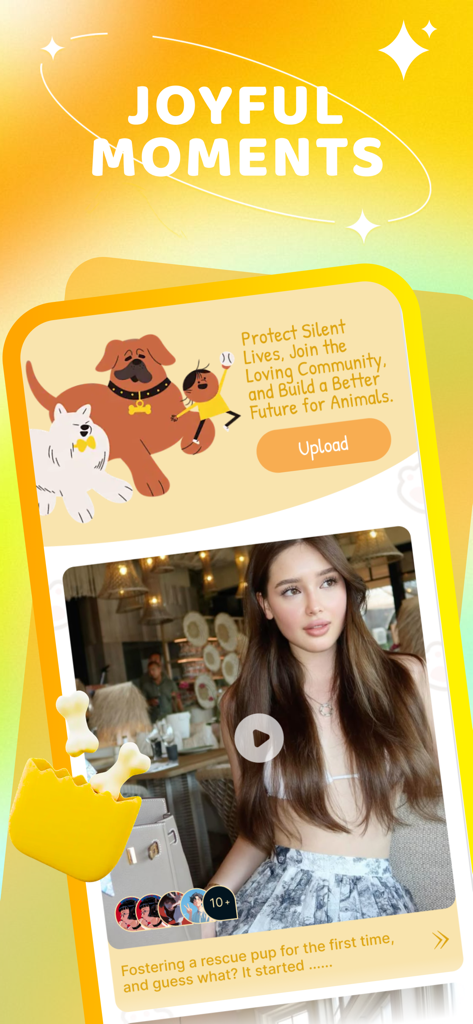 The Inzo app interface showing a Joyful Moments feed with a user story about fostering a rescue pup and an invitation to join the loving community.