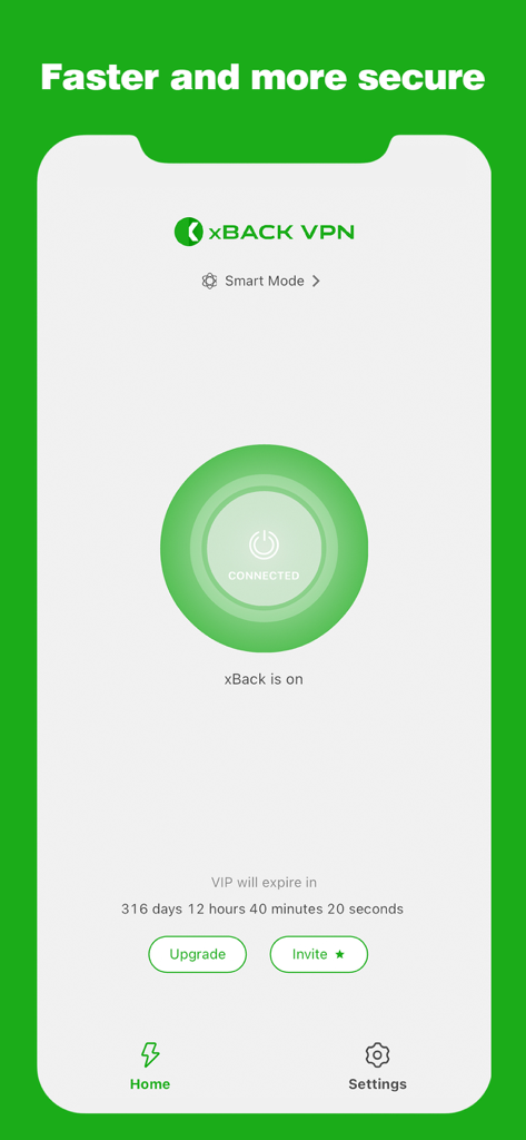 xBack-The next generation VPN - xBack VPN app home screen showing a green connected status button and smart mode selection.