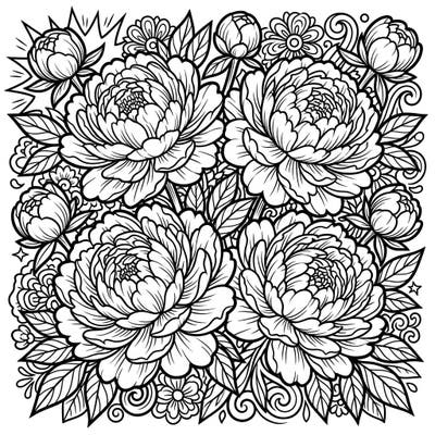 Immerse yourself in the striking beauty of blooming peonies, rendered in an energetic Pop Art style. This unique coloring page offers a bold floral design, perfect for a burst of creative expression.