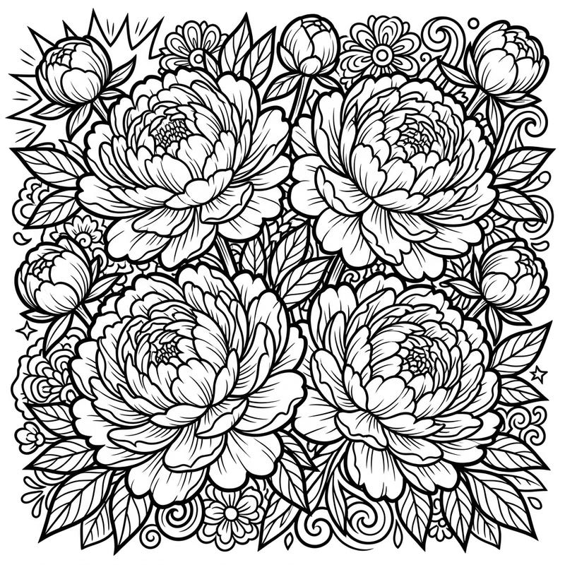 Immerse yourself in the striking beauty of blooming peonies, rendered in an energetic Pop Art style. This unique coloring page offers a bold floral design, perfect for a burst of creative expression.
